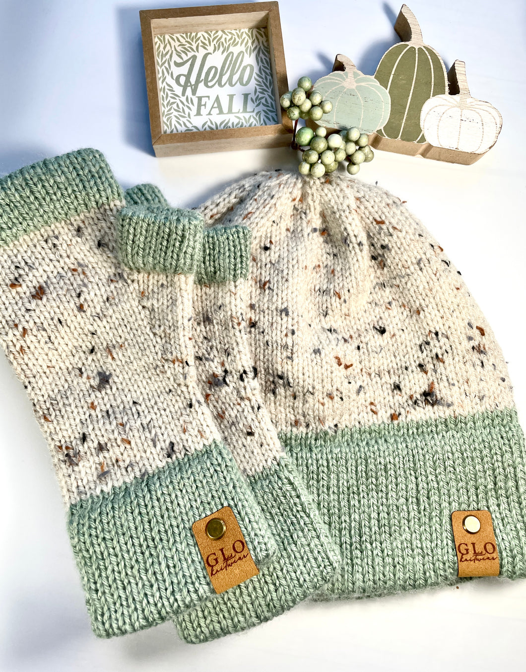 Judy’s custom order: Speckled Beanie & Fingerless Gloves  - Woodland Heather